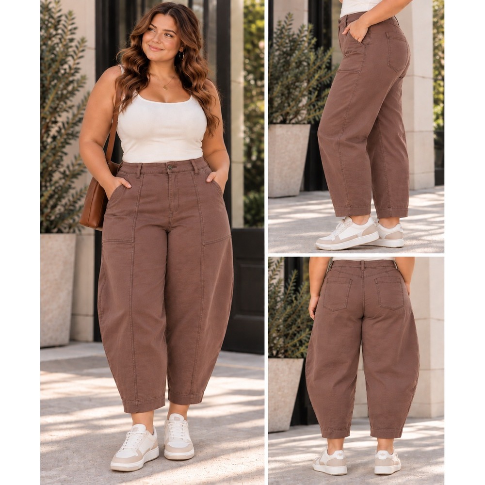 Old Navy Barrel Leg Pants Size 14 Plus Size Brown High Rise Canvas Utility #1733